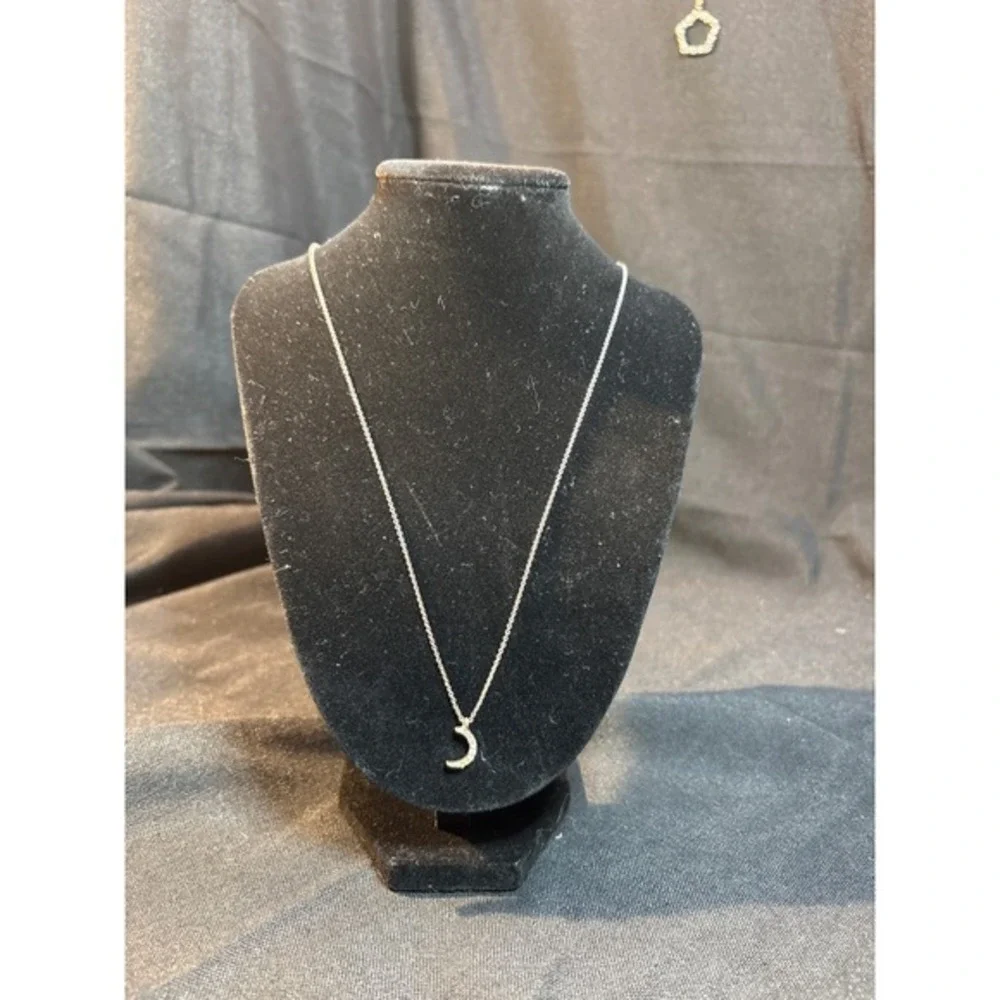 Crescent Moon Charm Necklace Rhinestone Accented‎ Silver Tone Chain